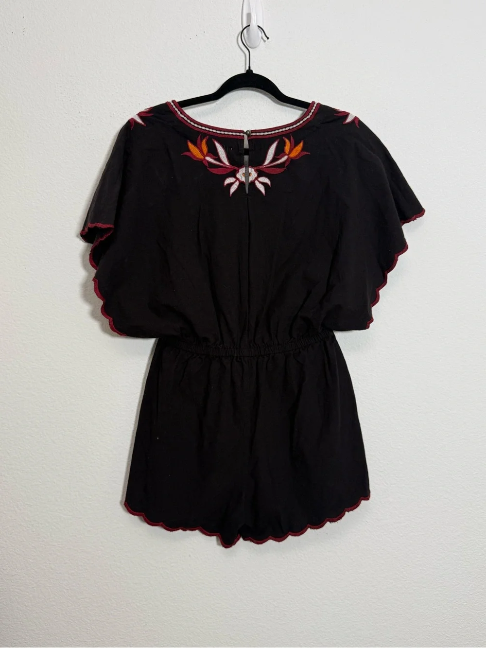 Free People Black Embroidered Romper Boho Festival Flutter Sleeve Floral Cotton‎